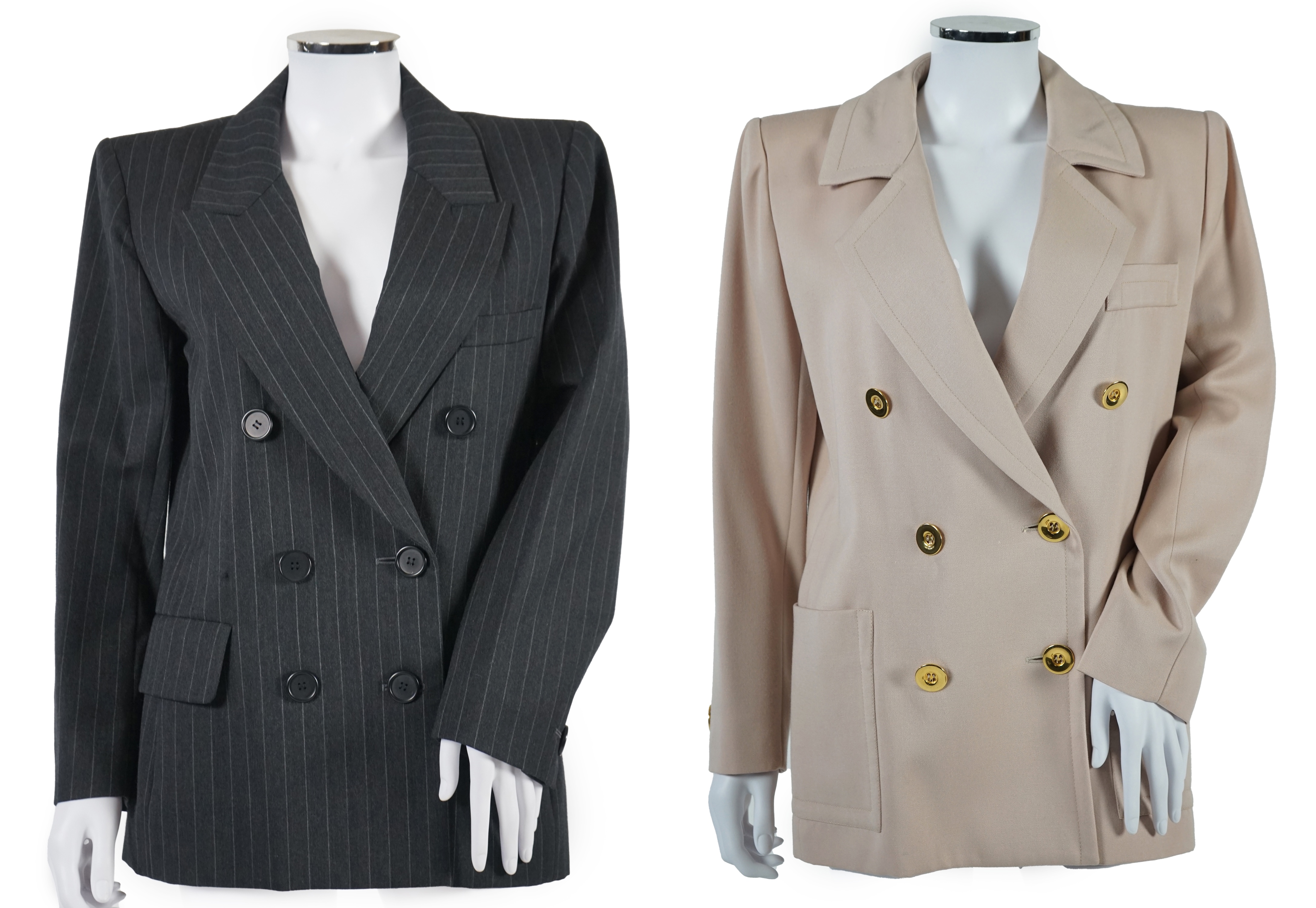 Two vintage Yves Saint Laurent variation lady's suits with both matching skirt and trousers, F 38 (UK 10). Please note alterations to make the waist smaller may have been carried out on some of the skirts. Proceeds to Ha